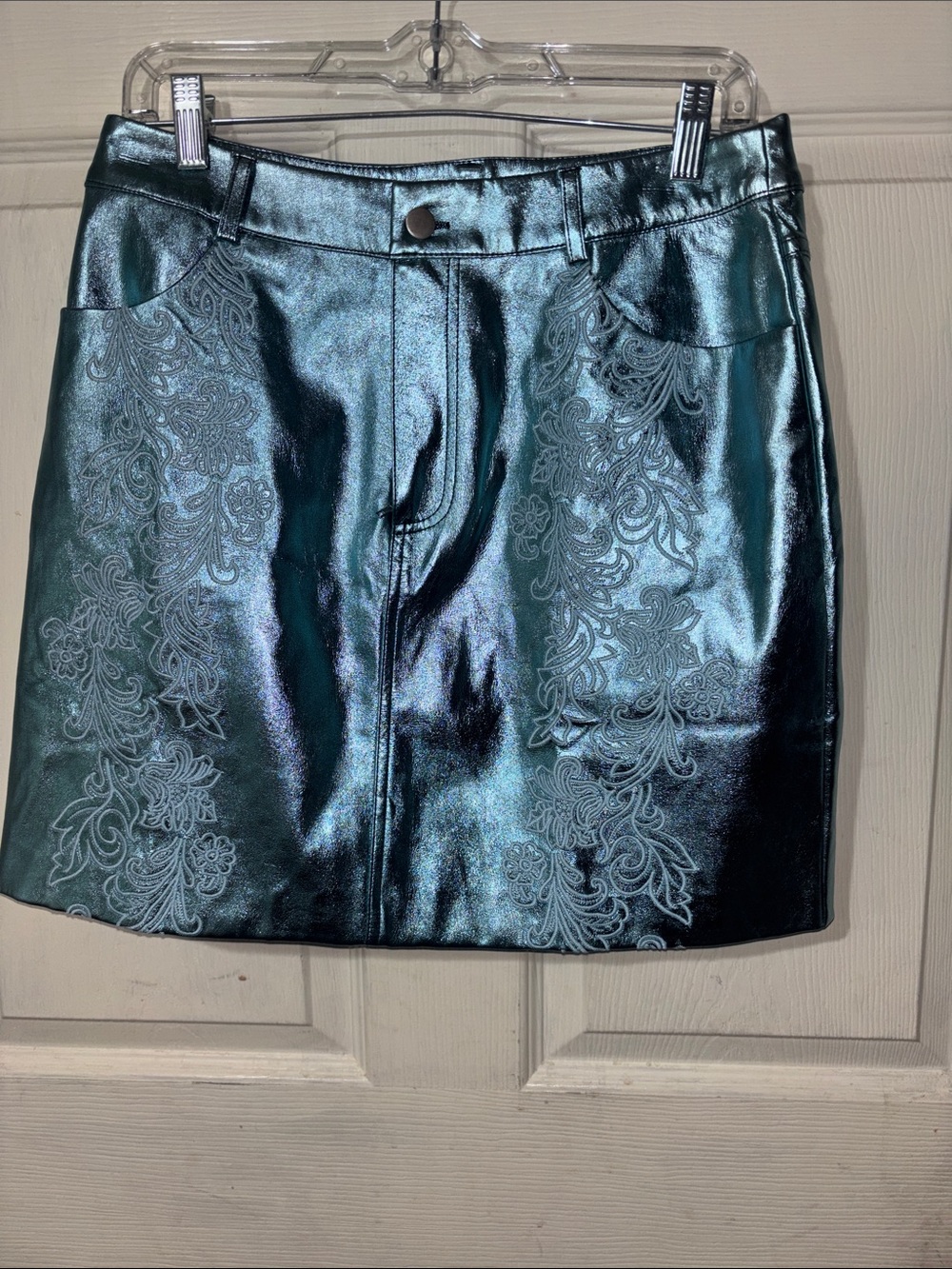 Savanna Jane Metallic Teal Embroidered Mini Skirt